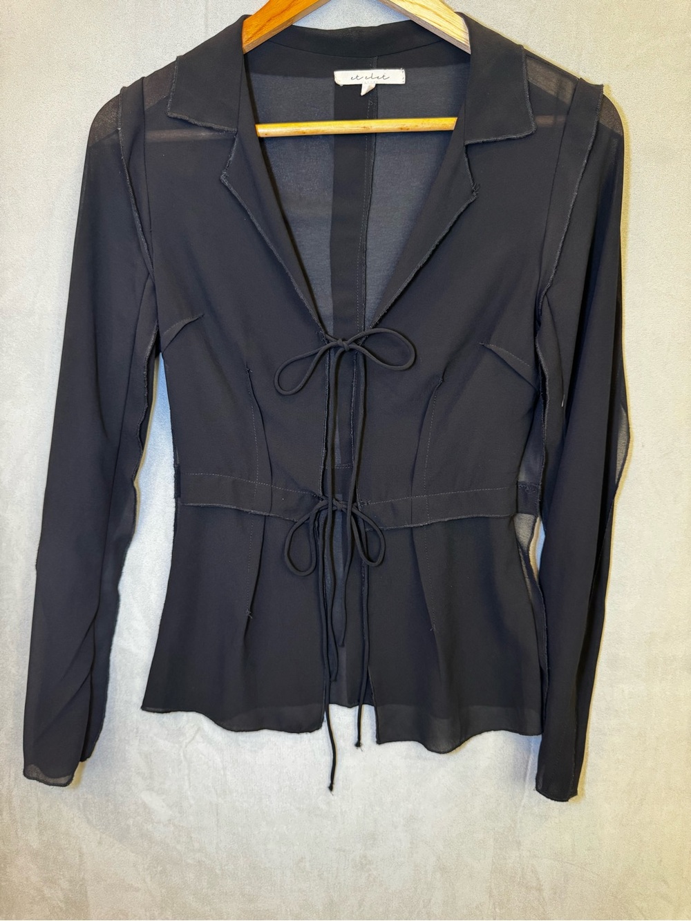 Et Cetera Black Sheer Tie Front Blouse S Y2K Double Tie Raw Seam Long Sleeve